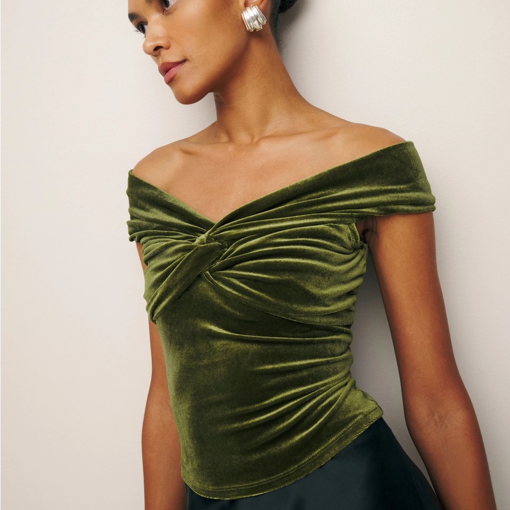 Reformation Ezlynn green velvet off the shoulder top